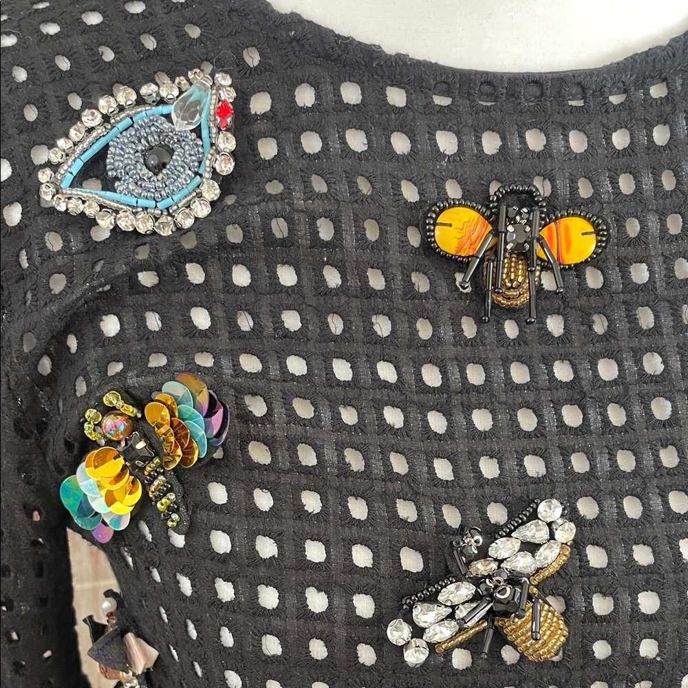 *Dor Dor Chic Black Beaded Insect Embellished Women's Lacy Blouse - Size Small - Picture 4 of 12